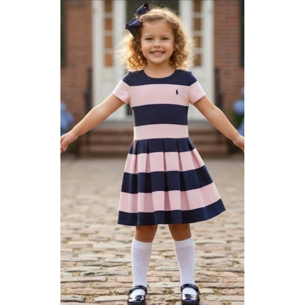 Polo Ralph Lauren Girls Pink Navy Blue Striped Pleated Fit & Flare Dress Size 6